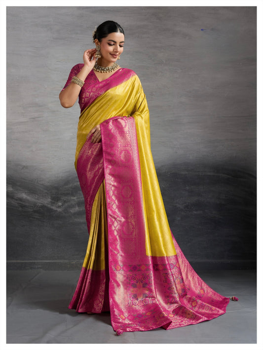 Kanjivaram Soft Silk Saree with Double Zari Kadiyal Border, Meenakari Pallu and Brocade Blouse