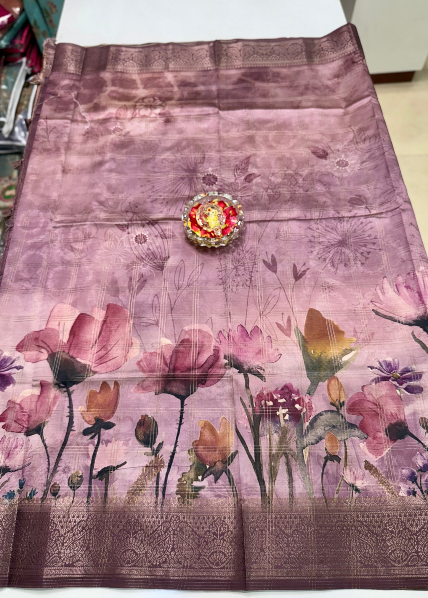 Bamboo Silk Saree with Chex Texture and Rich Pallu – Digital Floral Print Saree for Women