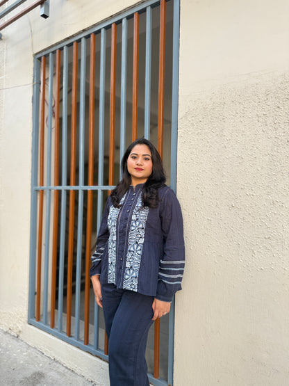 Women’s cotton hand-embroidered navy co-ord set with peplum top and straight pants, size 38–44