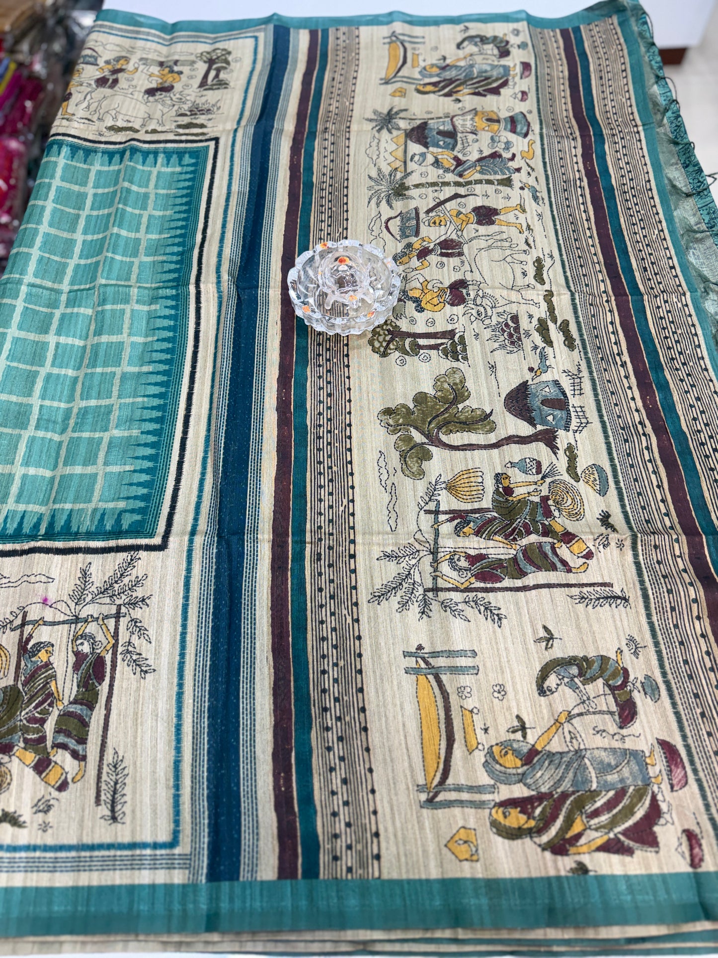 Spider Silk Saree with Folk Art Print Border and Tassel Pallu