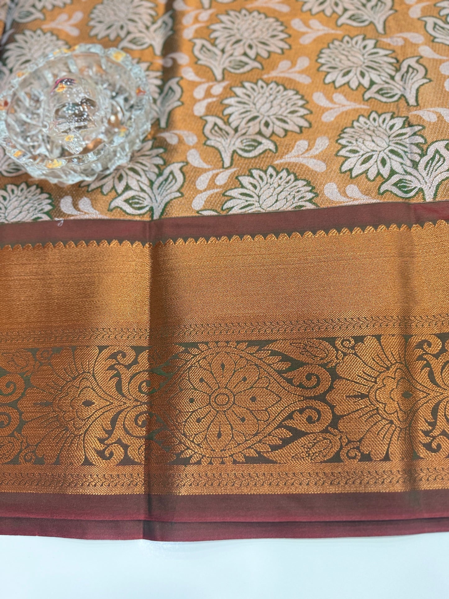 Bridal tissue saree for women with woven zari work and contrast border, kanchipuram style powerloom saree with blouse fabric