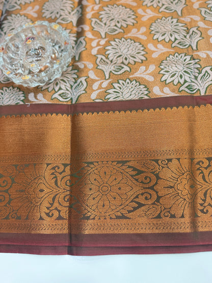 Bridal tissue saree for women with woven zari work and contrast border, kanchipuram style powerloom saree with blouse fabric