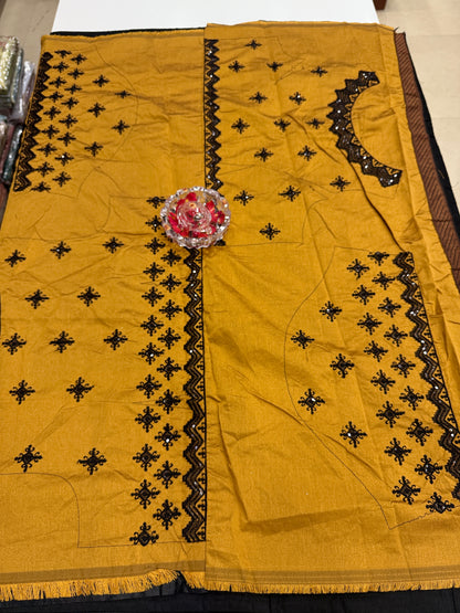 Black Silk Saree with Embroidery Lace Work, Patchwork and Art Silk Blouse