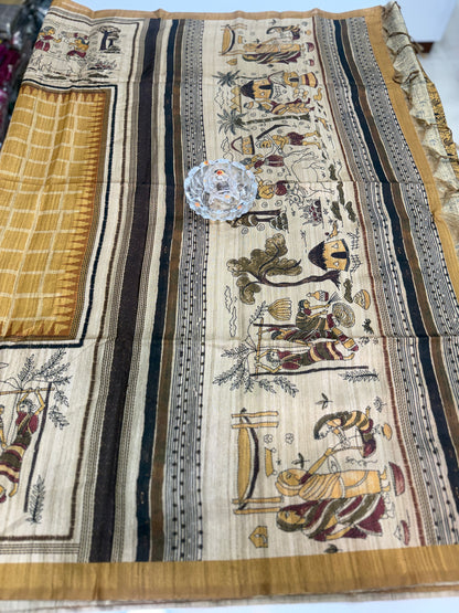 Spider Silk Saree with Folk Art Print Border and Tassel Pallu