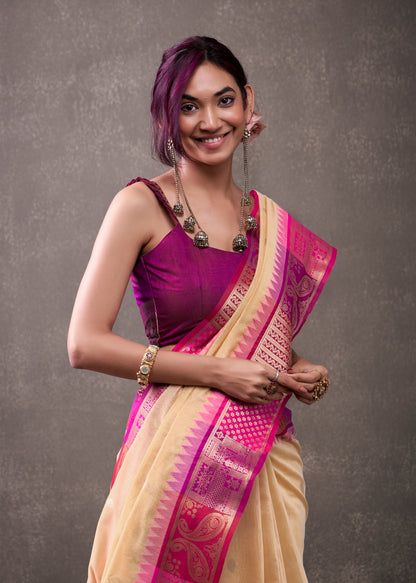 royal modal cotton saree with zari border and contrast blouse – festive ethnic wear for women