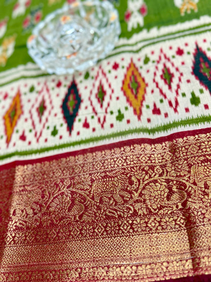 Semi Maheshwari Silk Saree with Zari Border & Ikat Style Weaving for Women