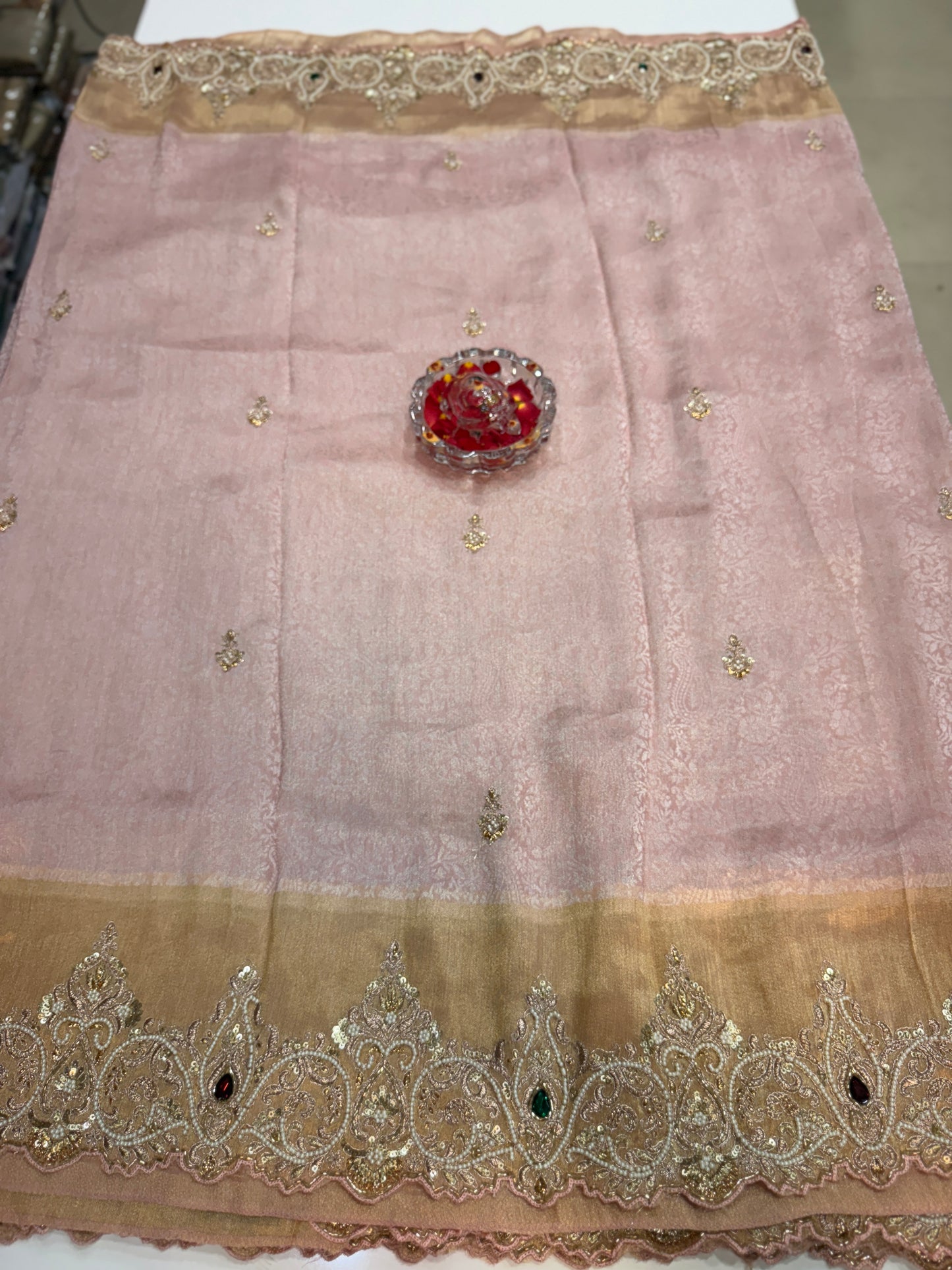 Pink Pure Ziraf Silk Saree with Jari, Moti, Cut Dana & Emerald Heavy Work – Bridal Designer Saree for Women