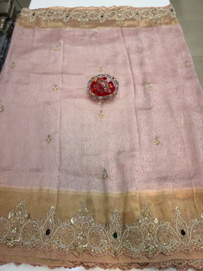 Pink Pure Ziraf Silk Saree with Jari, Moti, Cut Dana & Emerald Heavy Work – Bridal Designer Saree for Women