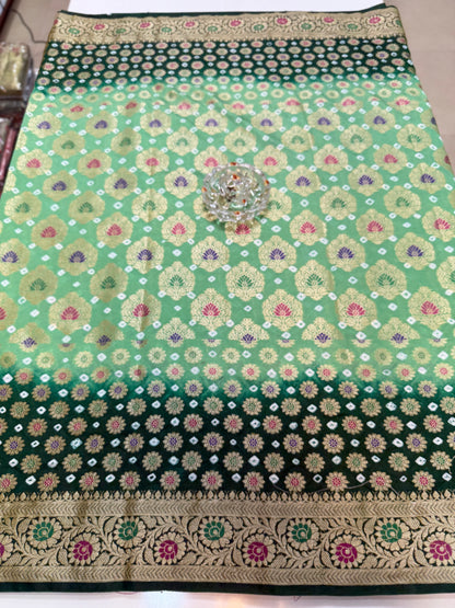 Banarasi dupiyan bandhani saree with semi-weaving neemjari work and hand chunri craftsmanship