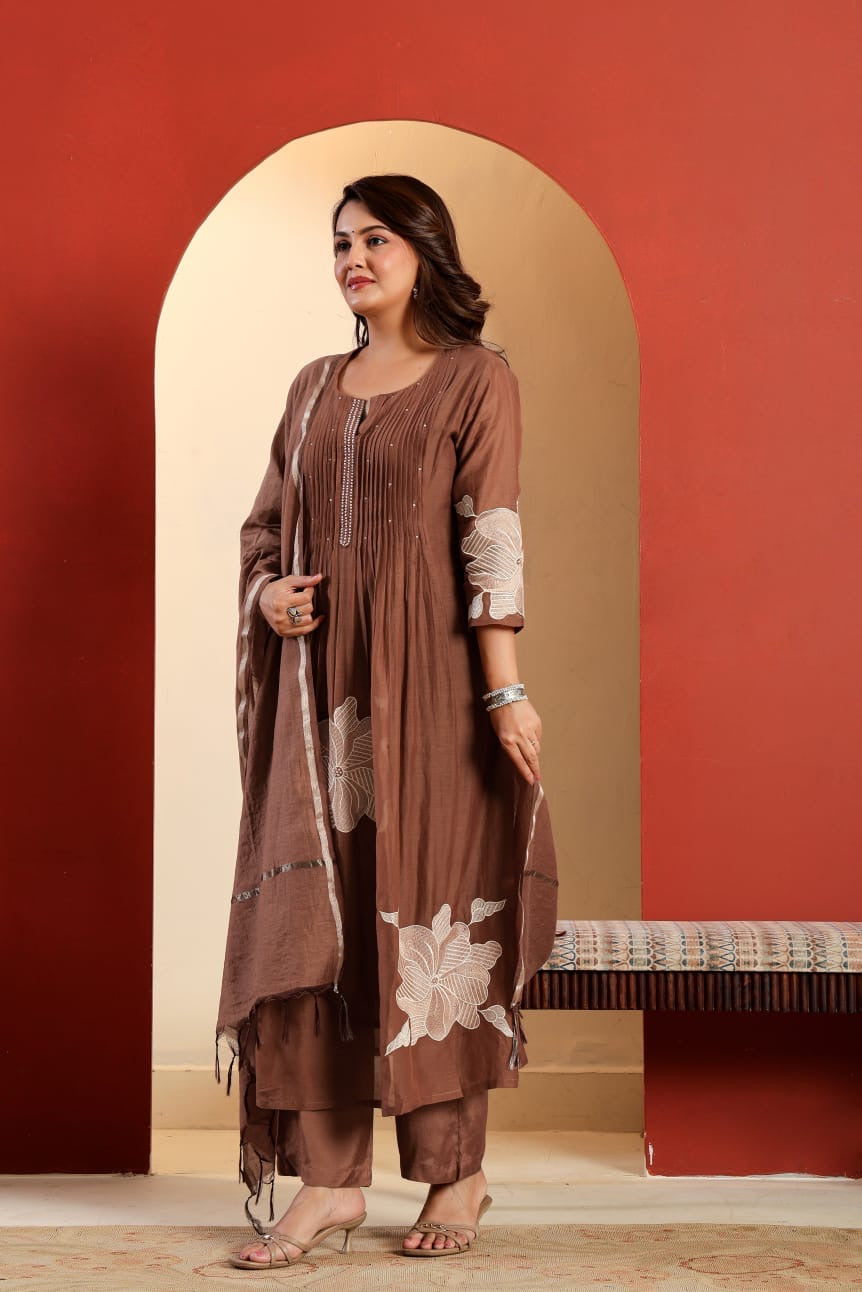 Mul Chanderi Kurta Set with Pintuck and Floral Embroidery, Shantoon Pant and Chanderi Dupatta