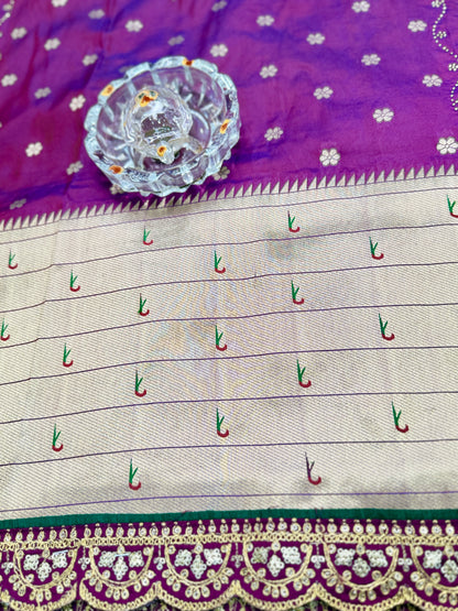 Paithani Lace Border Saree with Parrot Motifs and Contrast Blouse