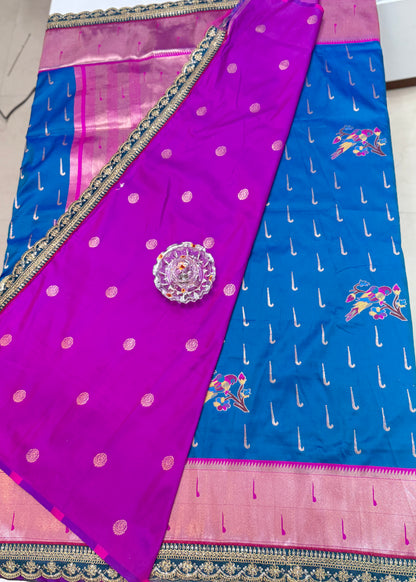 Paithani Lace Border Soft Silk Saree with Contrast Blouse for Women