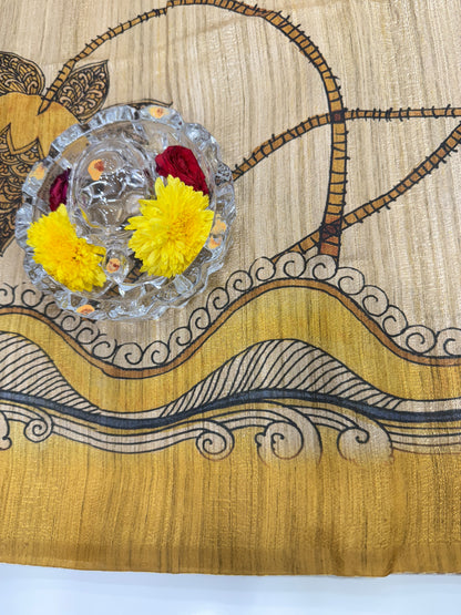 Silk Blend Printed Saree with Traditional Art Motifs and Glossy Texture – Festive Wear for Women