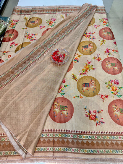 Pure Ziraf Silk Printed Saree with Elephant and Floral Motifs – Lightweight Soft Silk Saree for Women