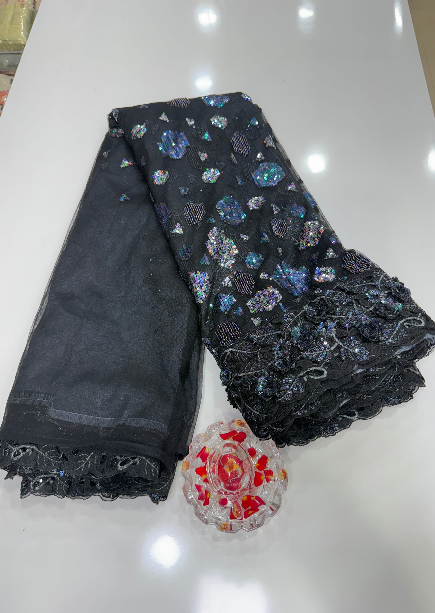 Black Sequin Embroidered Saree for Women – Fancy Designer Fabric with Floral Print Pallu and Lace Border