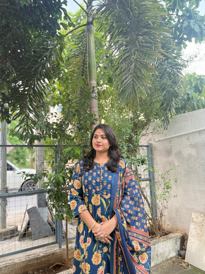 Cotton Anarkali Kurta Pant Dupatta Set with Detailing Work – M to 3XL