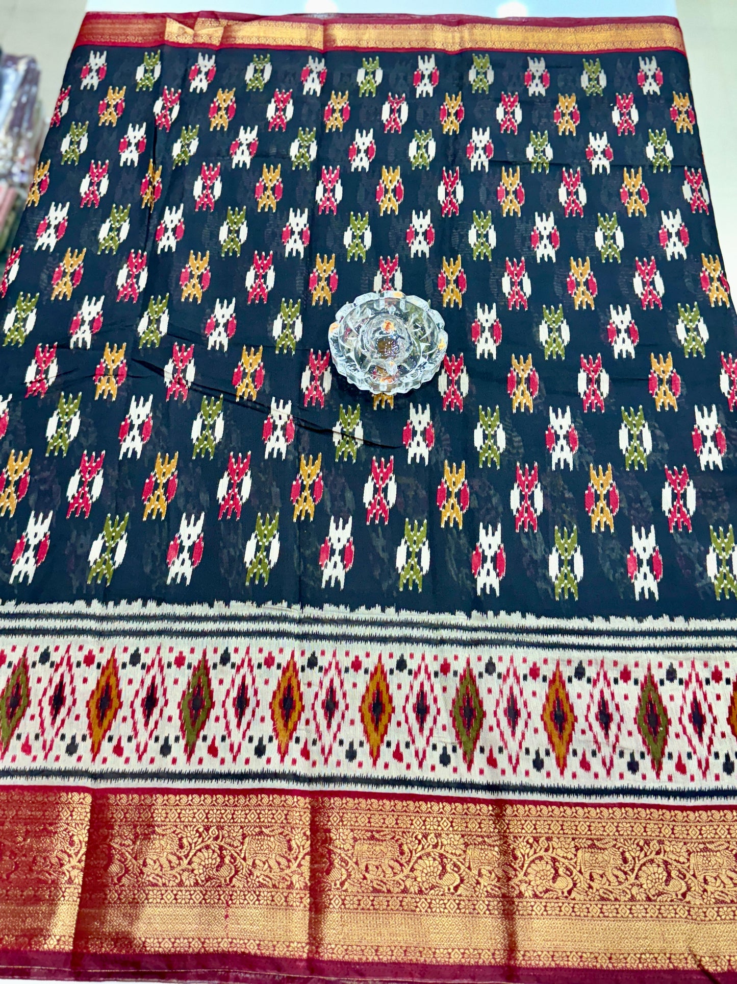 Semi Maheshwari Silk Saree with Zari Border & Ikat Style Weaving for Women