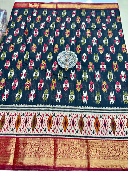 Semi Maheshwari Silk Saree with Zari Border & Ikat Style Weaving for Women