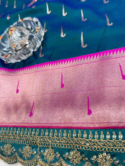 Paithani Lace Border Soft Silk Saree with Contrast Blouse for Women