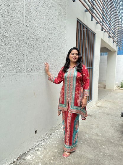 Crepe Silk Digital Printed Co-Ord Set with Mirror Work for Women – Festive Wear Kurta Pant Set