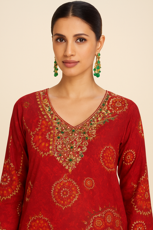 Natural Crepe Kurta Set with Mirror Handwork and Printed Viscose Dupatta – XL to 3XL Sizes