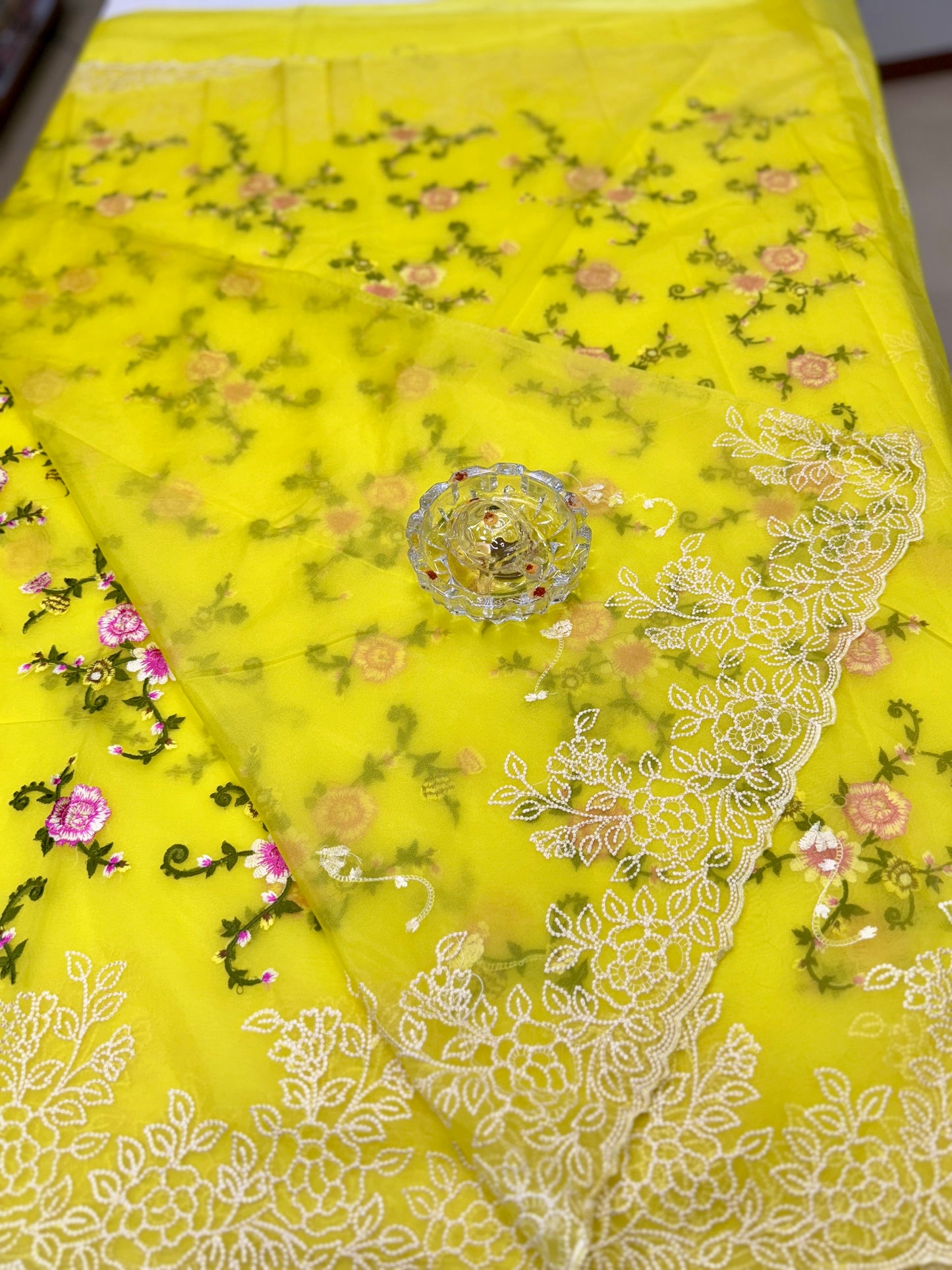 Kora Banarasi Saree with Floral Embroidery and Woven Border – Lightweight Festive Wear