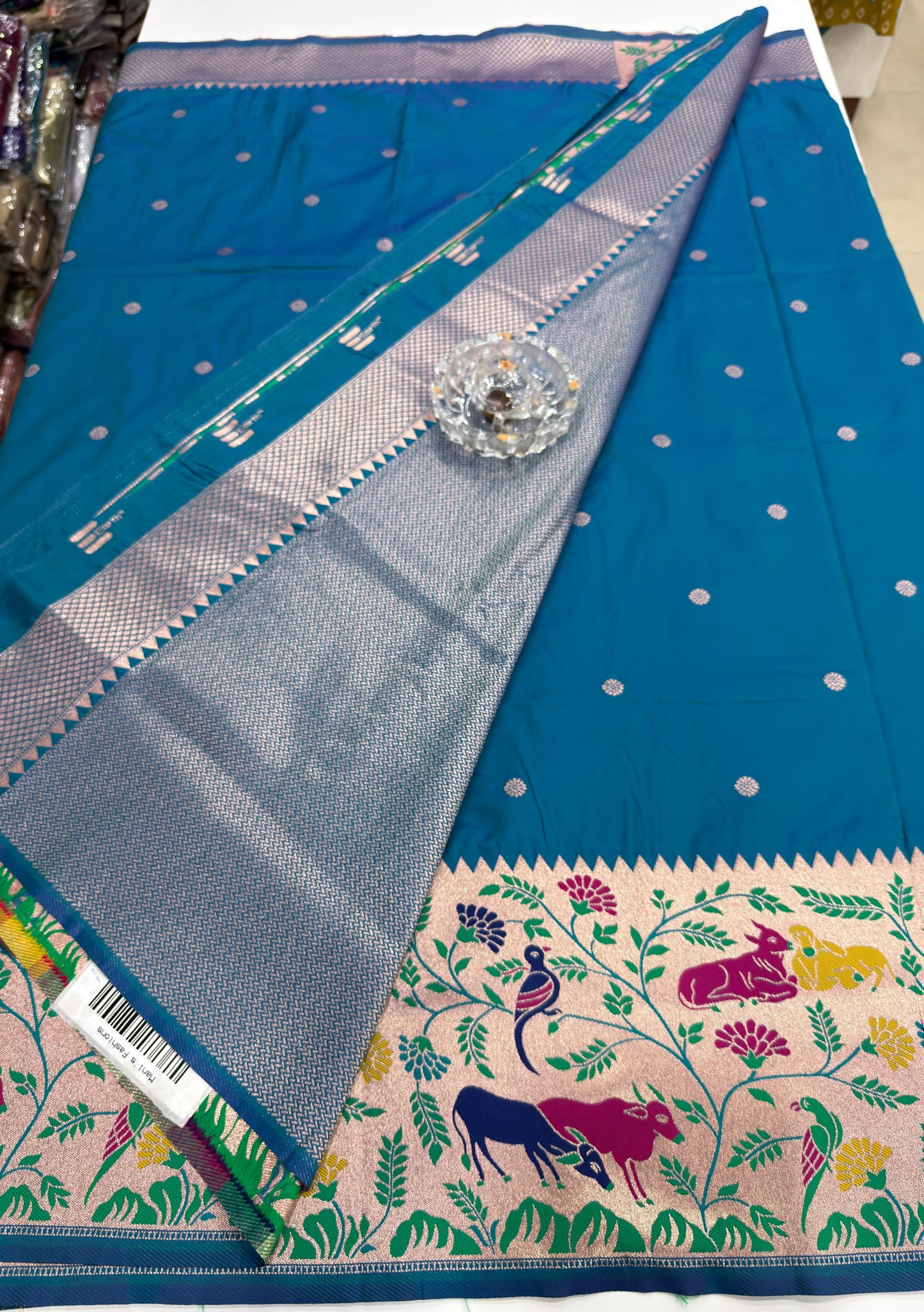 Paithani printed soft silk saree with zari-style border and contrast blouse for women