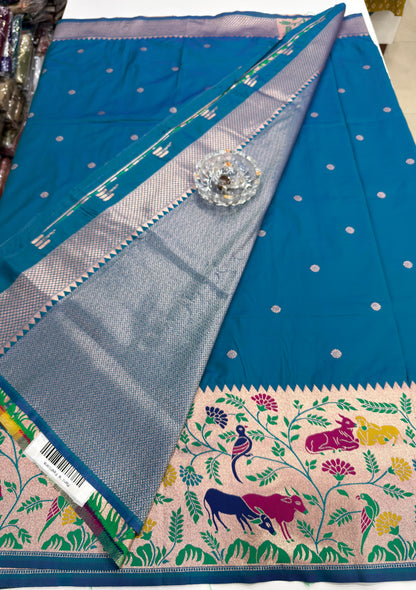 Paithani printed soft silk saree with zari-style border and contrast blouse for women