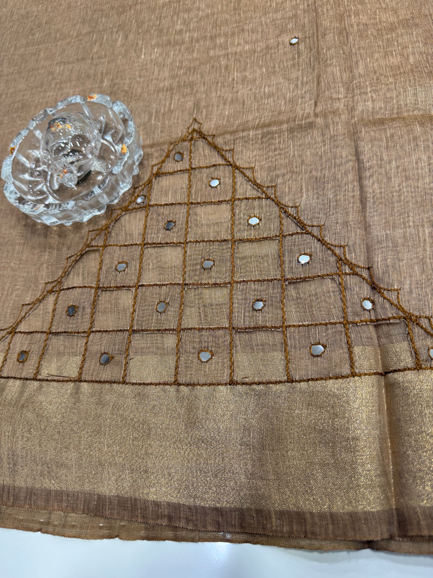 Pure Tissue 150 Count Linen Handloom Saree with Handwork and Running Blouse for Women