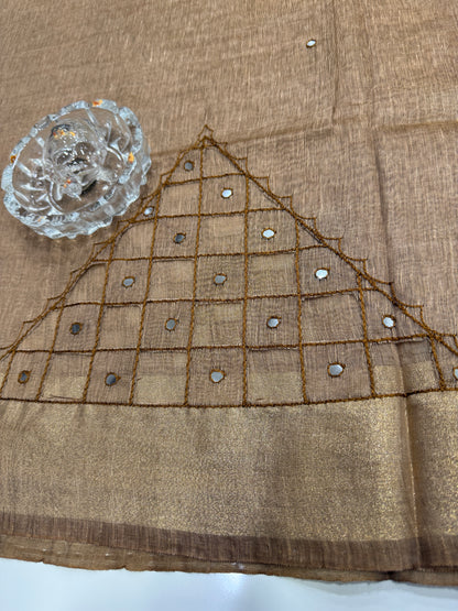 Pure Tissue 150 Count Linen Handloom Saree with Handwork and Running Blouse for Women