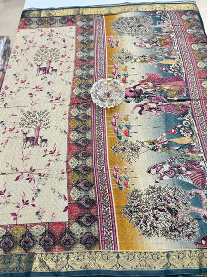 Chennuri silk style printed saree with traditional artwork border and unstitched blouse fabric for women