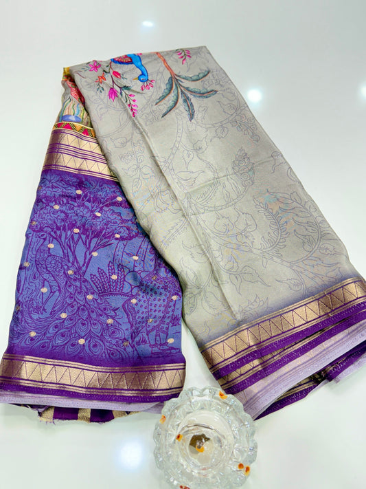 Mysore-Style Viscose Crepe Saree with Zari Border and Digital Heritage Print for Women