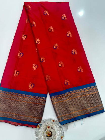 Paithani Soft Silk Saree with Zari Weaving and Contrast Blouse