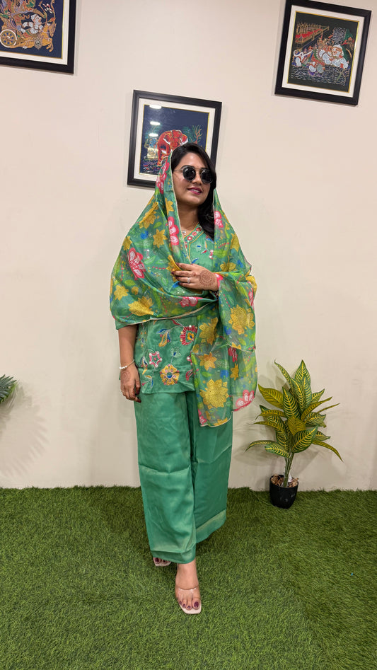 Viscose Shimmer Zari Silk Kurta Plazo Dupatta Set with Handwork and Digital Print Dupatta – Sizes XL to 3XL