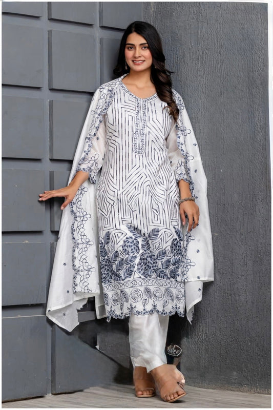 Muslin Chanderi Suit Set for Women with Thread Embroidery and Dupatta – Designer Ethnic Wear