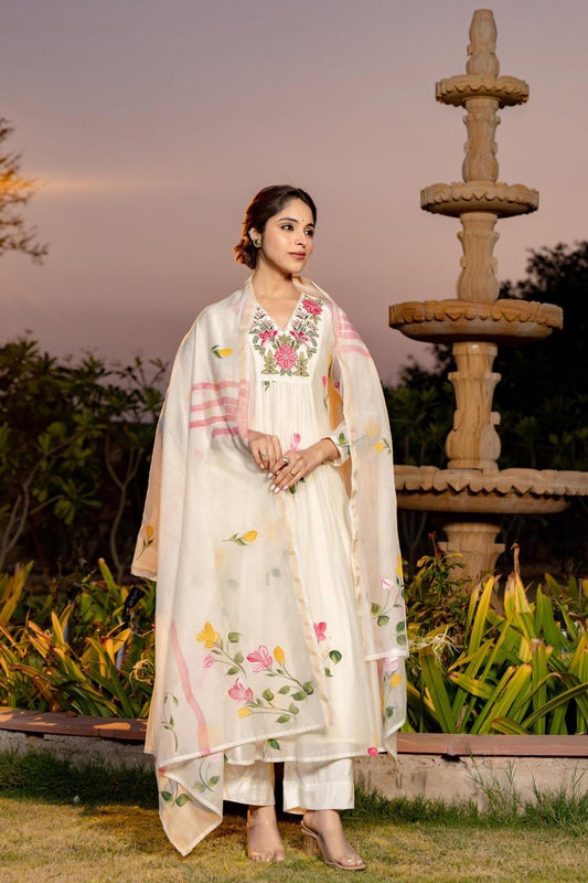 Mal Chanderi Anarkali Kurti Pant Dupatta Set with Embroidery and Hand-Painted Digital Design for Women