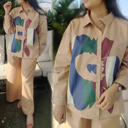Premium Poplin Co-ord Set for Women with Abstract Print Shirt and Wide-Leg Pants – Smart Casual Outfit