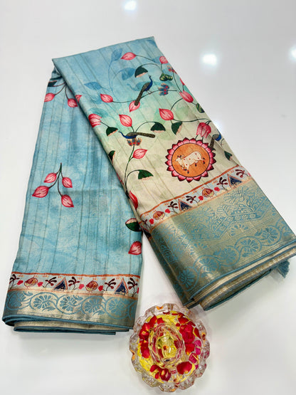 Boyanapalli-Style Silk Blend Saree with Jacquard Border and Chit Pallu – Printed Festive Saree for Women