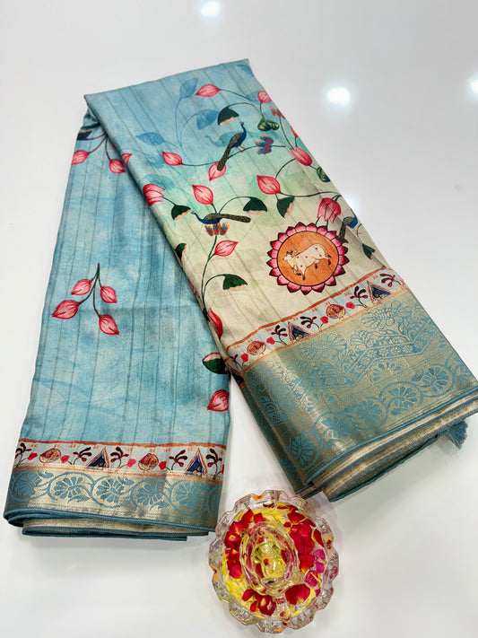 Boyanapalli-Style Silk Blend Saree with Jacquard Border and Chit Pallu – Printed Festive Saree for Women