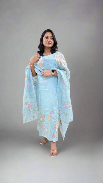 Unstitched Bamber Silk Suit with Resham Embroidery, 3D Patch Appliqué and Organza Dupatta