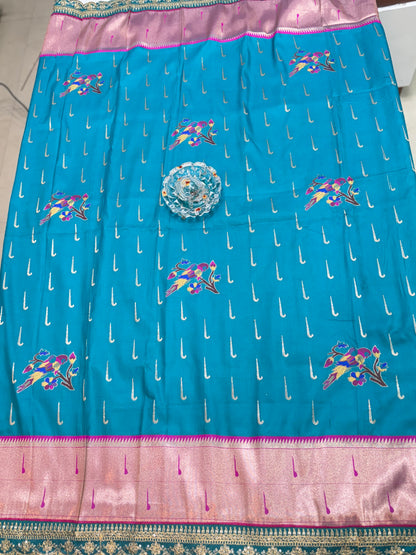Paithani Lace Border Soft Silk Saree with Contrast Blouse for Women