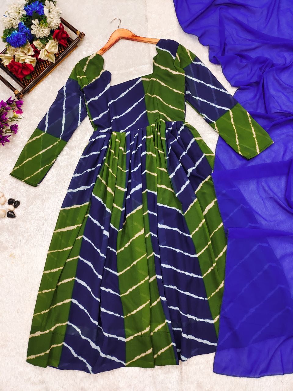 Vrinda Leheriya Georgette Suit Set for Women with Anarkali Dupatta – Blue & Green | Yellow & Dark Grey
