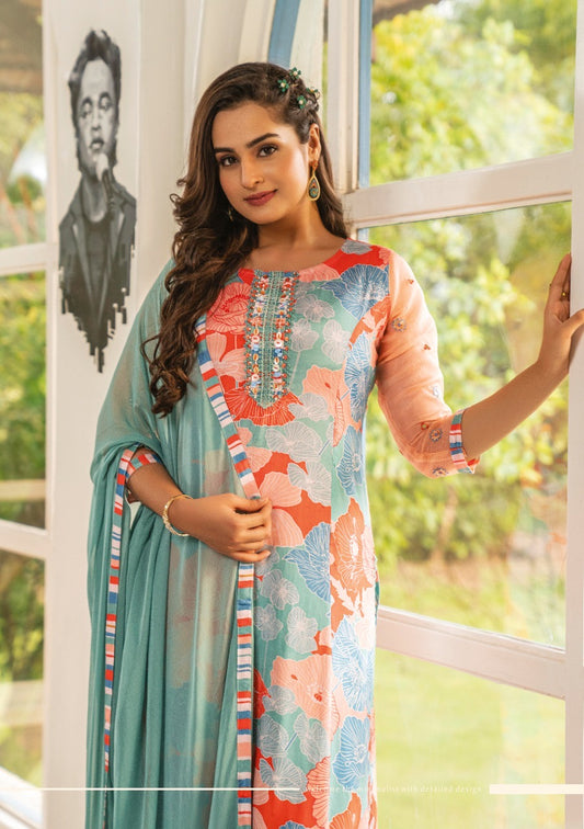 Viscose Satin Silk Kurti Pant Dupatta Set with Digital Print and Hand Embellishments for Women – XL to 3XL