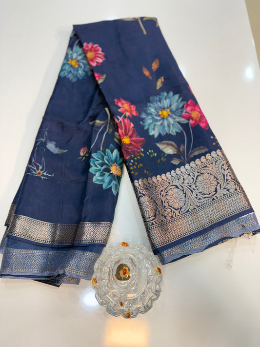 Russian Viscose Crepe Silk Chittpallu Saree with Heritage Print and Zari Border for Women