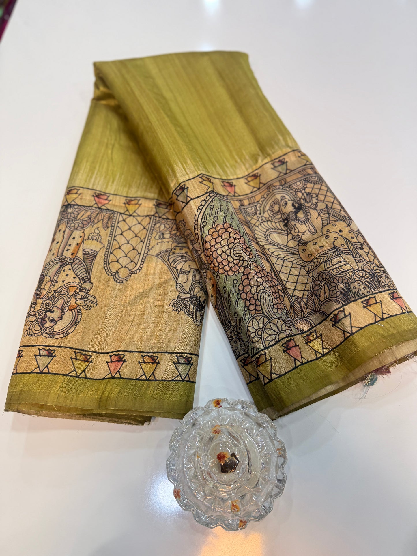Spider Silk Saree with Folk Art Print Border and Tassel Pallu