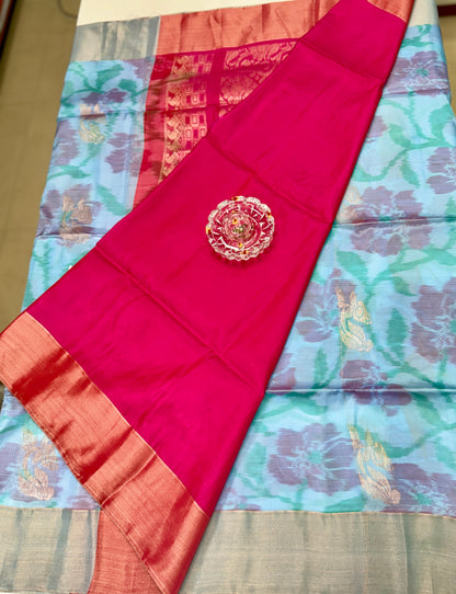 Pochampalli Printed Silk Saree with Satin Border and Blouse – Powerloom Weave for Women