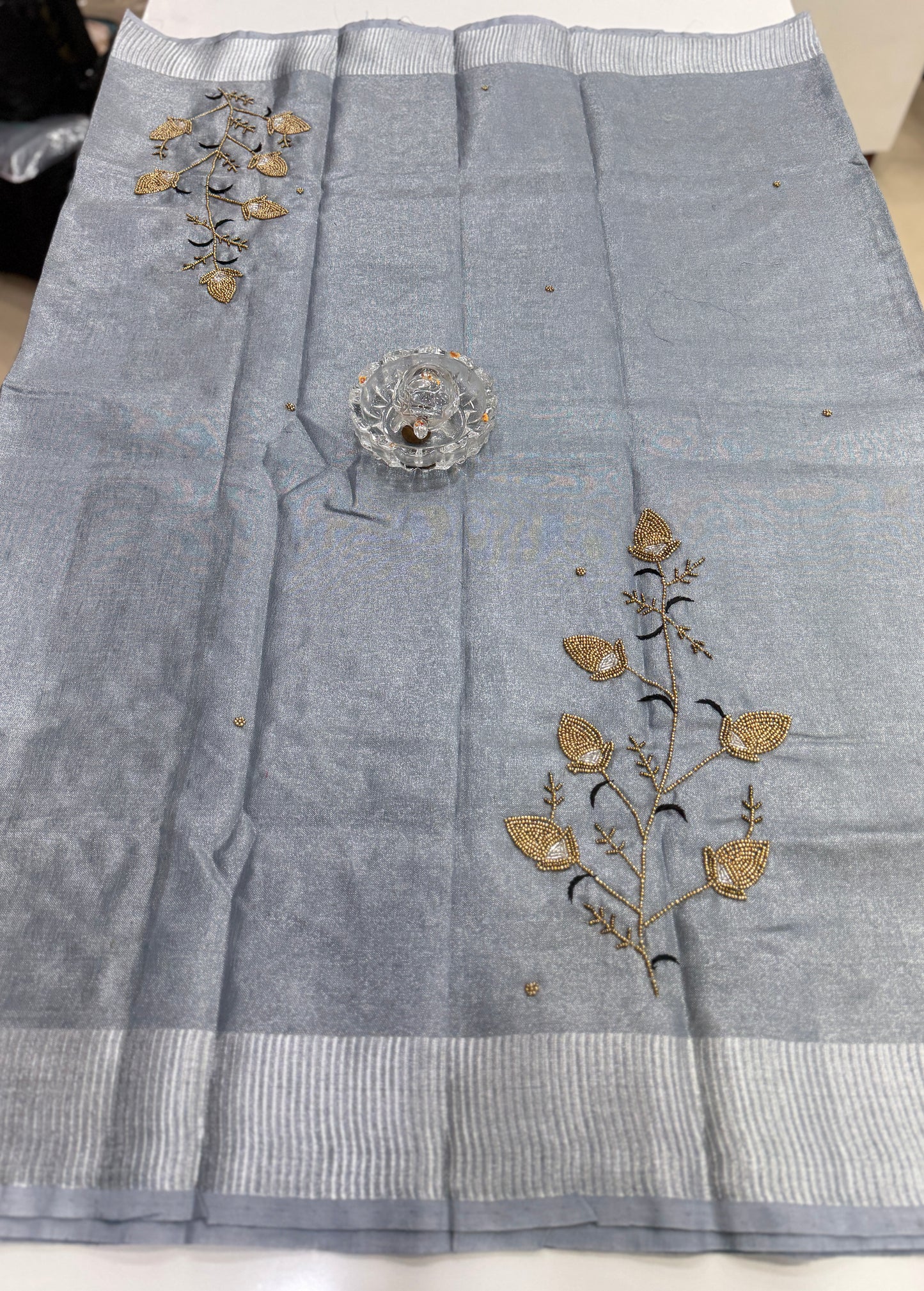 Pure Tissue 150 Count Linen Handloom Saree with Handwork and Running Blouse for Women