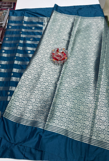Banarasi Semi Katan Silk Saree with Meenakari Satin Border and Gold Zari Weaving – Traditional Festive Saree for Women