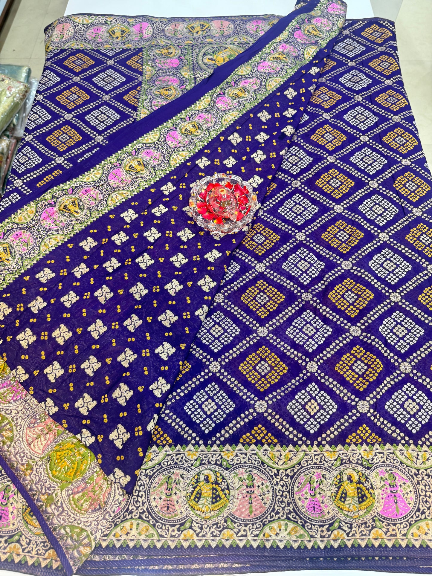 Pure Kaddi Georgette Zari Weaving Saree in Royal Blue with Bandhej-Inspired Checked Pattern and Traditional Border – Festive & Wedding Wear for Women