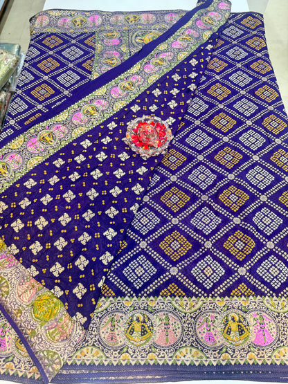 Pure Kaddi Georgette Zari Weaving Saree in Royal Blue with Bandhej-Inspired Checked Pattern and Traditional Border – Festive & Wedding Wear for Women